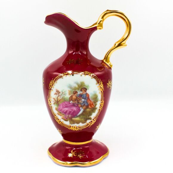 Vintage Limoges Porcelain Vase Ewer Pitcher Red Wine Burgundy Rococo Style Decor - Picture 1 of 7